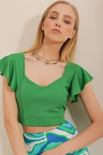 Trend Alaçatı Stili Women's Green V-Neck Crop Top with Ruffled Sleeves