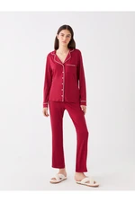 LC Waikiki Women's Pajamas Set with a Shirt Collar Plain Long Sleeved