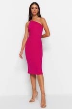 Trendyol Fuchsia One Shoulder A-Line Midi Smart Crepe Strap Knitted Dress