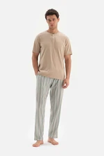 Dagi Beige Half-Pleat Striped Bottom Knitted Pajamas Set