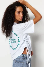 Trendyol White 100% Cotton Back Printed Shirred Detail Boyfriend Fit Crew Neck T-Shirt