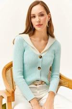 Olalook Women's Mint Faux Für Detail Ribbed Knitwear Cardigan