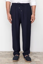 Trendyol Navy Blue Tapered Elastic Waist Tied Linen Look Trousers