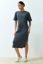 Trendyol Anthracite 100% Cotton Distressed Effect Slit Shift/Comfortable Fit Knitted T-shirt Dress