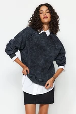 Trendyol Anthracite Aged/Faded Effect Thick Fleece Basic Pattern Raglan Sleeve Knitted Sweatshirt