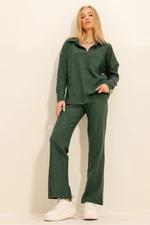 Trend Alaçatı Stili Women's Walnut Green Polo Neck Top and Palazzon Trousers Knitwear Top and Bottom Set