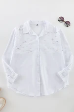 Trendyol Curve White Large Size Stone Embroidered Poplin Woven Shirt