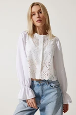 Happiness İstanbul Women's White Flounce Sleeve Scalloped Poplin Shirt