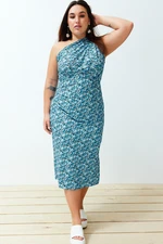 Trendyol Curve Blue Printed, Fitted, One-Shoulder Asymmetric Gathering and Degaje Detailed Knitted Dress