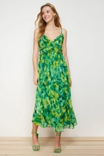 Trendyol Green Floral Print A-Cut Ruffle Detailed Lined Chiffon Maxi Woven Dress