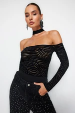 Trendyol Black Animal Pattern Knitted Flock Printed Tulle Bodysuit