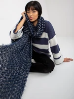 Women's winter knitted scarf in gray and dark blue color