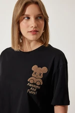 Happiness İstanbul Women's Black Teddy Bear Crest Crop Knitted T-Shirt