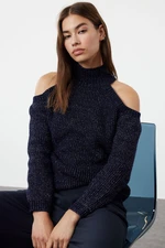 Trendyol Navy Blue Glitter Window/Cut Out Detailed Knitwear Sweater