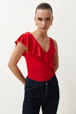 Trendyol Red Fitted Ruffle Detailed V-Neck Stretchy Knitted Bodysuit with Snap Fasteners