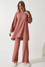 Happiness İstanbul Women's Dusty Rose Flowing Tunic Palazzo Knitted Set