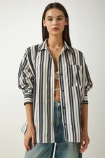 Happiness İstanbul Women's Cream Black Striped Oversize Knitted Shirt