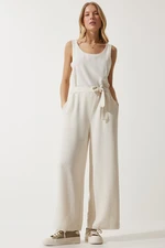 Happiness İstanbul Women's Cream Belted Linen Jumpsuit