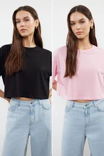 Trendyol Black-Pink 2-Pack 100% Cotton Relax/Comfortable Cut Crop Knitted T-Shirt