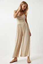 Happiness İstanbul Women's Cream Strap Wide Leg Summer Knitted Jumpsuit