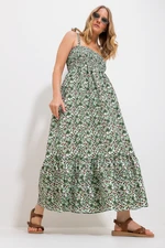 Trend Alaçatı Stili Women's Almond Green Strap Skirt Flounce Floral Patterned Gimped Woven Dress