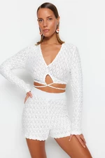 Trendyol Ecru Knitted Tie Blouse and Shorts Set
