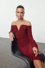 Trendyol Claret Red Body-Smoothing Carmen Collar Knitted Dress