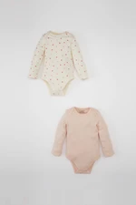 DEFACTO Baby Girl Newborn Ecru Snap Envelope Neck Heart Patterned 2-Piece Long Sleeve Snap Bodysuit