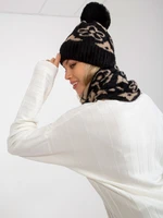 Women's black-beige winter hat with pompom