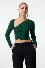 Trendyol Emerald Green Crop Draped Knitted Blouse