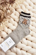 Patterned Women's Socks With Teddy Bear, Grey