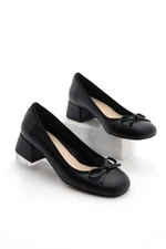 Marjin Women's Chunky Heel Bow Detail Flat Toe Classic Heeled Shoes Medve Black