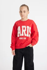 DEFACTO Girl's Red Relax Fit Crew Neck Printed School Sweatshirt