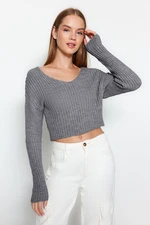 Trendyol Anthracite Crop Basic V-Neck Knitwear Sweater