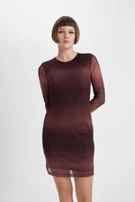 DEFACTO Bodycon Bodycon Round Neck Tie Dye Tulle Mini Long Sleeve Mini Dress