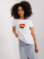 White women's T-shirt with BASIC FEEL GOOD embroidery