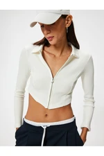 Koton Crop Cardigan Zippered Shirt Collar Asymmetrical Cut Slim Fit