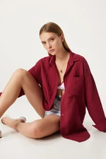 Happiness İstanbul Women's Claret Red Oversize Basic Muslin Shirt