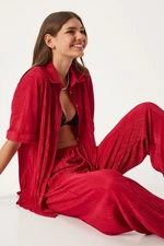 Happiness İstanbul Women's Red Pleated Shirt Trousers Set