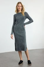 Trendyol Anthracite Plain Washed/Faded Effect Zero Sleeve High Collar Flexible Maxi Knitted Dress