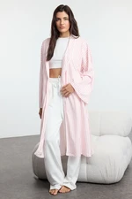 Trendyol Pink Belted 100% Cotton Striped Knitted Dressing Gown