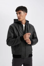 DEFACTO Slim Fit Hooded Faux Leather Jacket