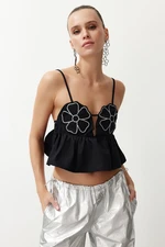 Trendyol Black Crop Floral Embroidered Woven Blouse