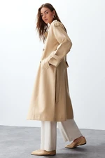 Trendyol Beige Oversize Wide Fit Soft Textured Long Trench Coat with Belt