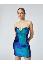 Koton Sequined Mini Strapless Dress Sweetheart Neck Slim Fit