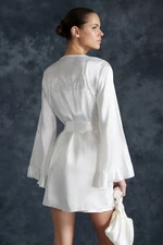 Trendyol Bridal White Belted Satin Woven Dressing Gown with Flounce and Back Embroidery Detail Bag Gift