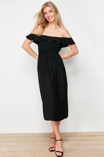 Trendyol Black Straight Cut Madonna Collar Linen Look Maxi Woven Dress