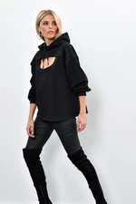 Cool & Sexy Women's Black With Window Front Hooded Sweatshirt Yi1669