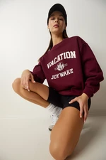 Happiness İstanbul Women's Burgundy Printed Raised Sweatshirt