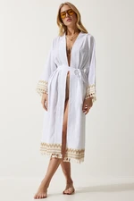 Happiness İstanbul Women's White Tassel Guipure Detail Long Linen Kimono